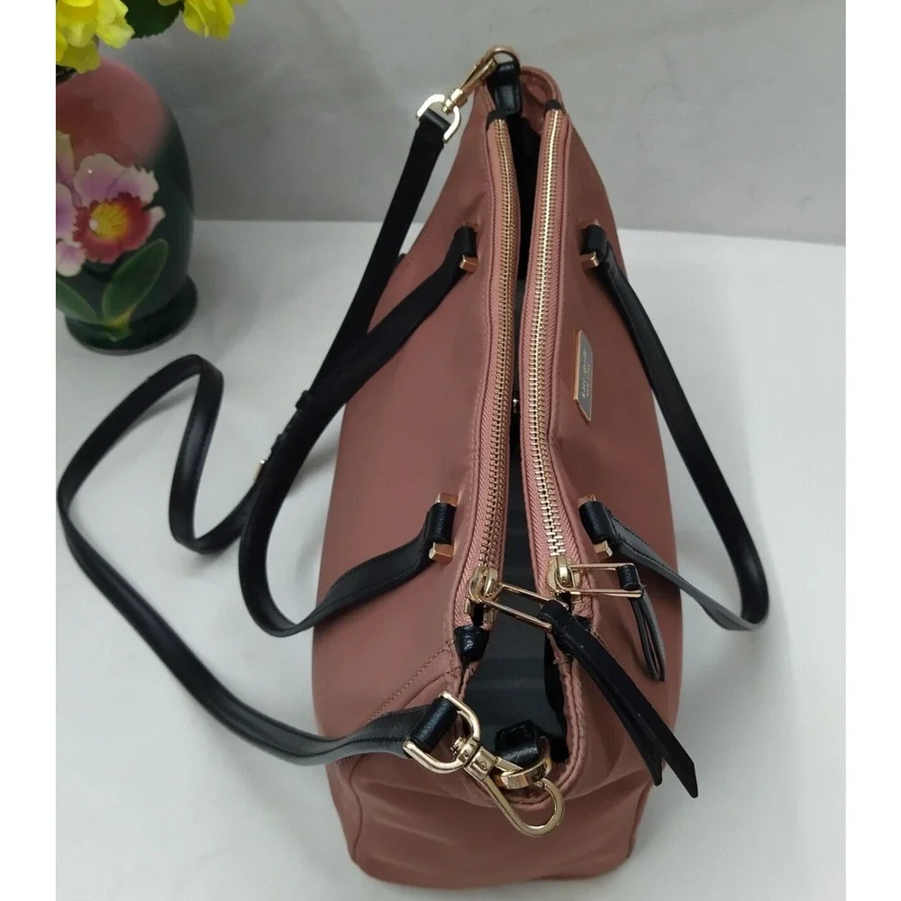 Kate Spade Dawn Sparrow Dusty Mauve Nylon Black Leather Satchel Shoulder Bag